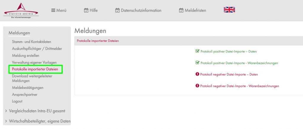Protokolle im Statistik Austria Portal