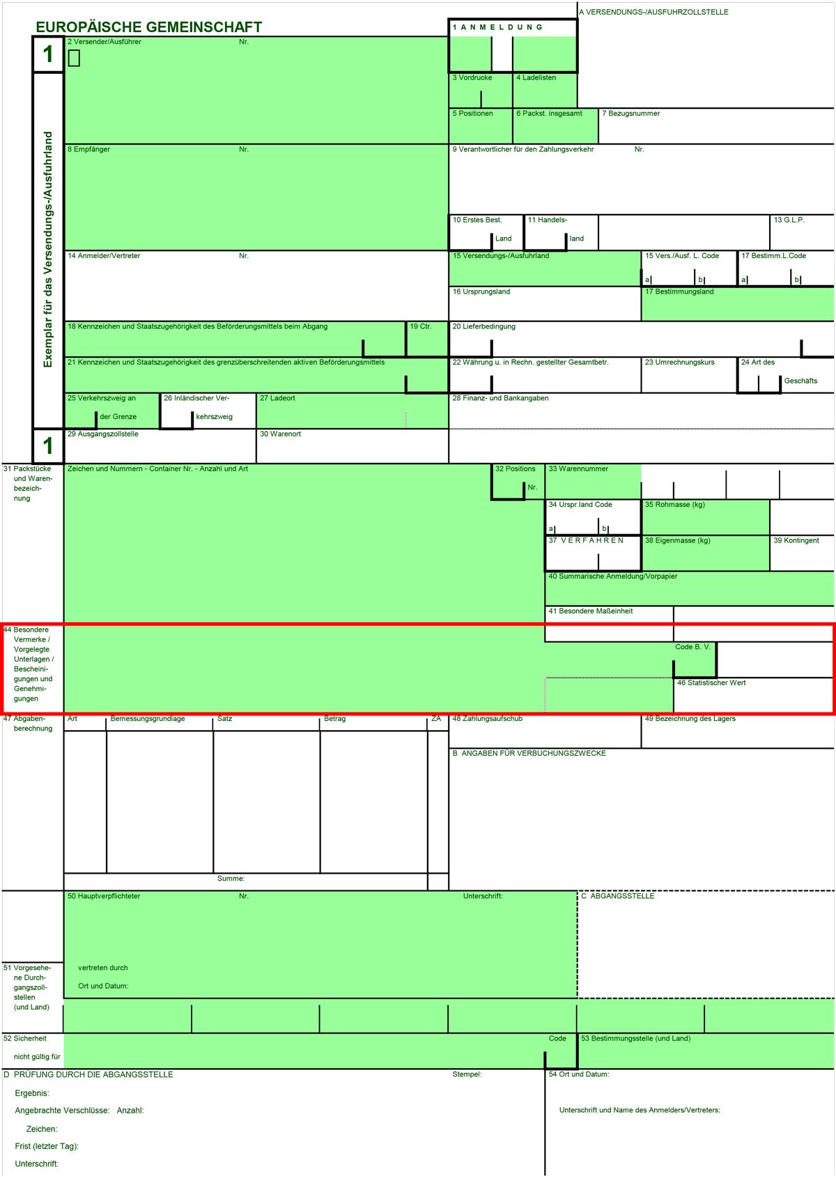 Einheitspapier für Zollanmeldung