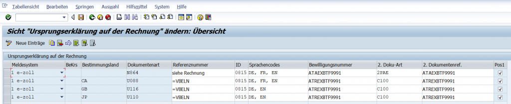Sicht Ursprungserklärung auf der Rechnung ändern