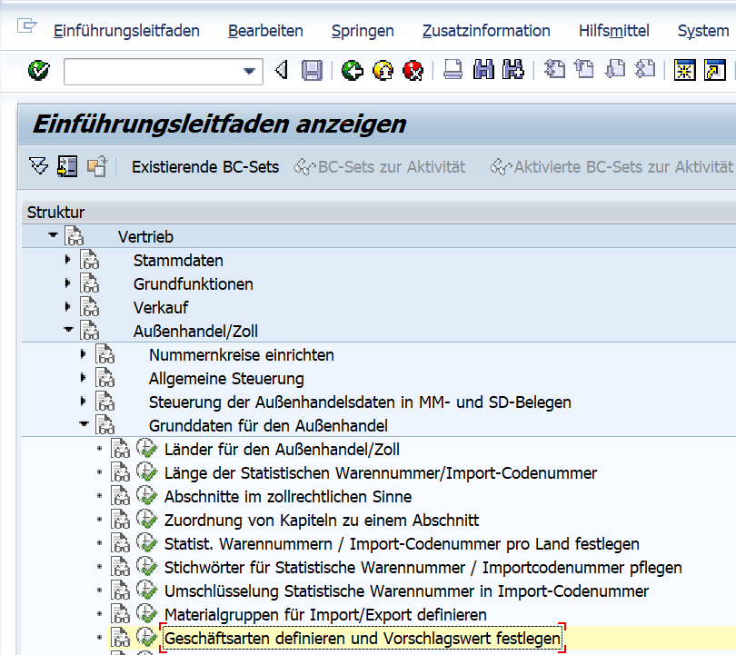 Vorschlagswerte Geschäftsfallart ECC