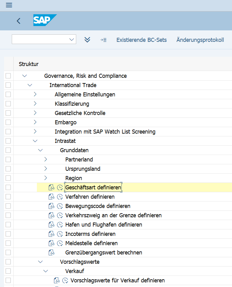 Vorschlagswerte Geschäftsfallart hana