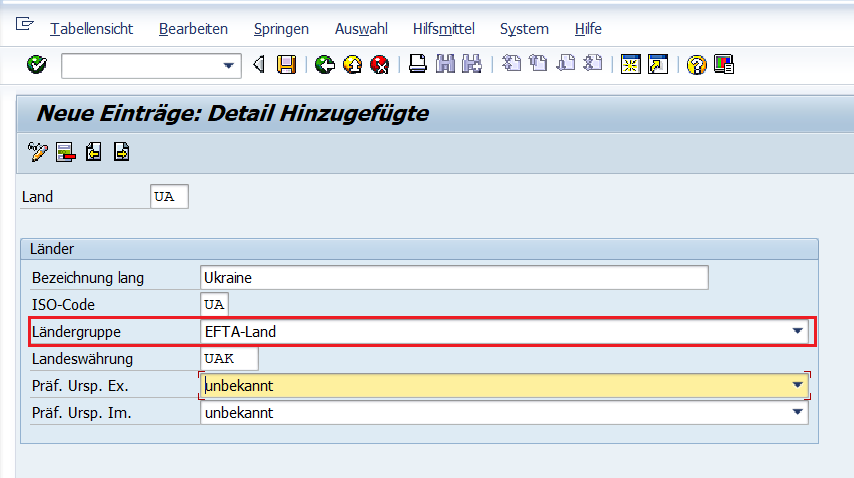 pZoll Ansicht Ländergruppe ändern